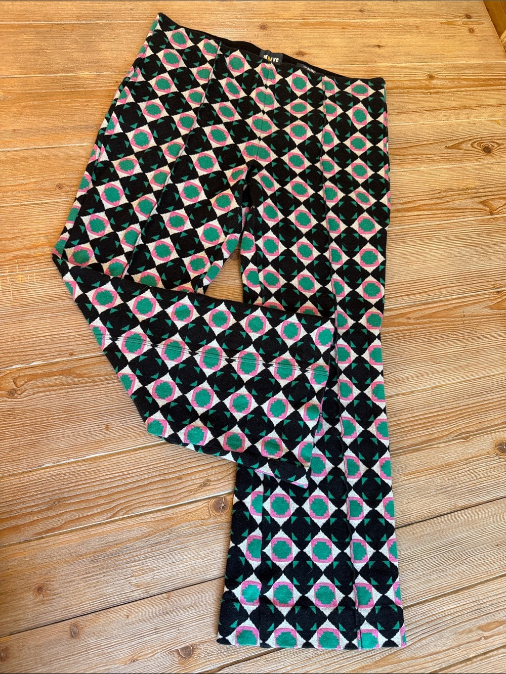 Anthropologie Margot Black Geometric Chinos with Pink & Green Motif